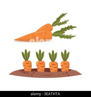Clean flat vector of fresh carrots growing in soil with leafy tops. Ideal for organic farming, healthy food, gardening, and minimal design projects. Stock Vector