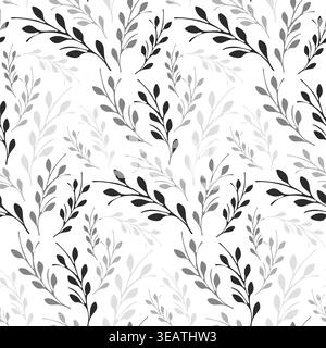 Branches with simple leaves form a continuous monochrome pattern. Dark and light gray elements overlap on a clean white background, creating visual depth. Stock Vector