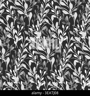 A seamless floral pattern featuring various shades of gray and white botanical leaves and branches on a dark black background. Stock Vector
