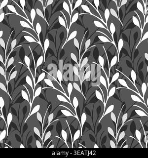 A seamless repeating pattern featuring delicate stylized branches with leaves in various shades of white and gray. Stock Vector