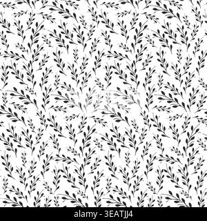 An elegant seamless pattern presents countless small black leaves on thin branches against a clean white backdrop. This delicate floral design forms a repeating botanical texture. Stock Vector