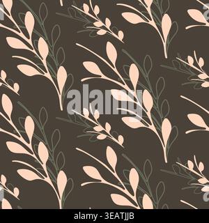A seamless repeating design features light beige leaves and faint green outlines of foliage against a dark brown backdrop. The pattern has a simple, natural, and elegant botanical feel. Stock Vector
