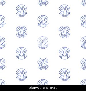 Seamless pattern with pearl shells in blue line style on white background. Outline coastal print.  Stock Vector