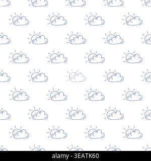 Seamless pattern with sun and clouds in blue line style on white background. Outline weather print.  Stock Vector
