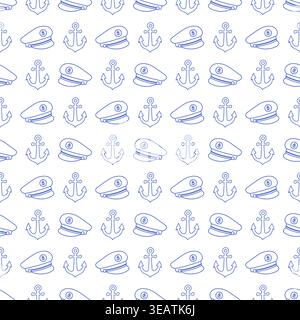 Seamless pattern with captain hats and anchors in blue line style on white background. Outline nautical print.  Stock Vector