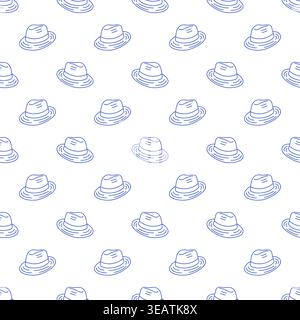 Seamless pattern with summer hats in blue line style on white background. Outline nautical print.  Stock Vector
