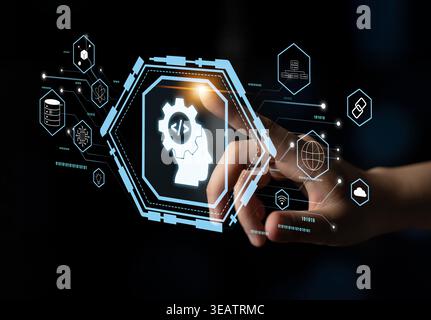 AI machine learning and software development for modern technology solutions. A concept of coding, data science, and algorithm engineering. Motif Stock Photo