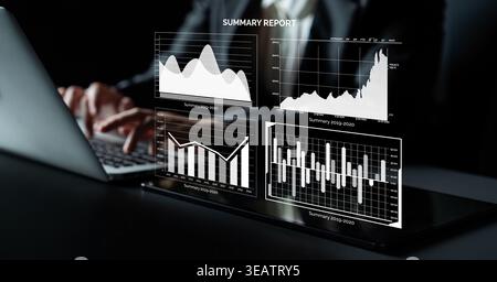 A business professional is focused on analyzing data on a laptop. Graphs and charts are displayed on the screen, reflecting key performance metrics in Stock Photo