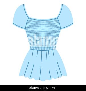 Blue mini shirt top with smocked bodice, short sleeves and flared skirt with compact silhouette and gathered volume. Technical fashion illustration front view. Vector Stock Vector