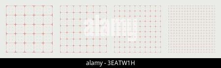 Square grid collection dashed plus geometry, four samples blueprint style. Broken stroke lattice structure, interface layouts editorial compositions planning sheets digital technology graphics.  Stock Vector