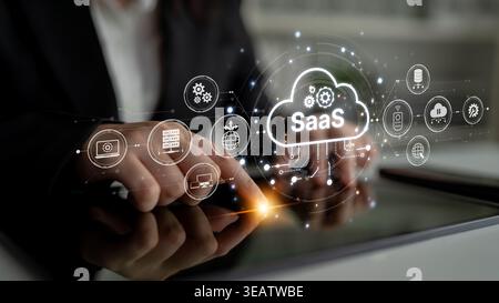 Visual representation of SaaS showing infrastructure, SaaS deployment, SaaS platform features, and SaaS integration model in digital environment Stock Photo