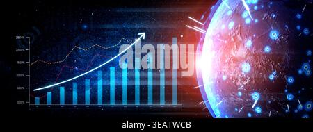 This vibrant digital artwork depicts growth trends, featuring graphs and arrows overlaying a glowing planet. Ideal for technology and finance themes Stock Photo