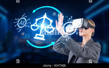 Explore the intersection of artificial intelligence and law, highlighting ethical considerations and regulatory frameworks within the digital Stock Photo