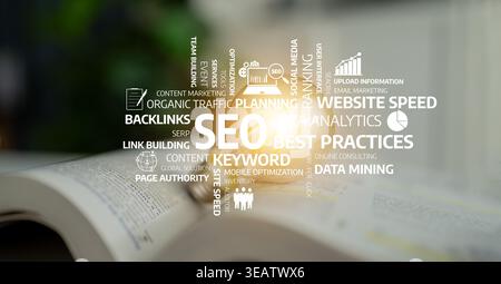 Explore effective SEO strategies for enhancing digital marketing efforts. This image showcases key concepts like keywords, analytics, and content Stock Photo
