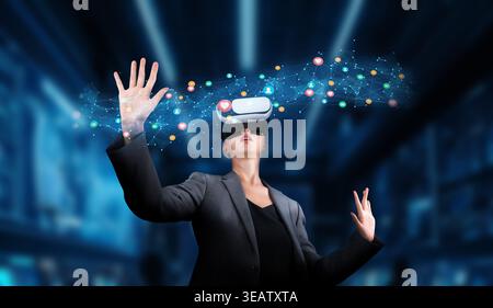 A professional immersed in innovative virtual reality, engaging with vibrant social media elements in a dynamic high-tech environment, showcasing Stock Photo