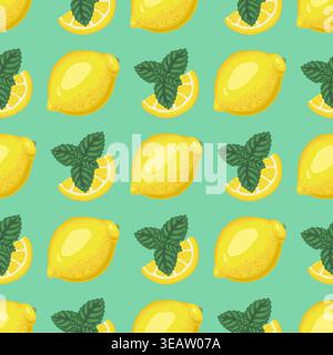 Lemon and mint vector seamless pattern. Hand drawn yellow citrus and peppermint on turquoise background. Summer tropical fruit for kitchen cafe design. Natural organic print for wallpaper or textile. Stock Vector