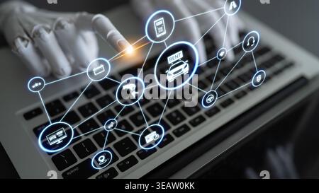 AI assisted car rental service showing online booking, GPS navigation and vehicle sharing icons representing mobility and modern digital rental Stock Photo