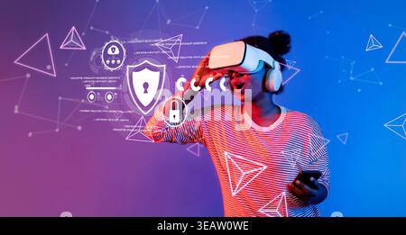 A vibrant illustration showing a person in virtual reality gear interacting with graphical representations of security features, emphasizing data Stock Photo
