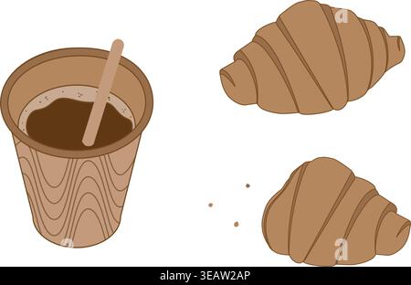 Coffee in disposable cup, whole and bitten croissant and crumbs around Cozy morning design elements. Isolated Vector illustration International Croissant Day or bakery thematic, motivation card, promo Stock Vector