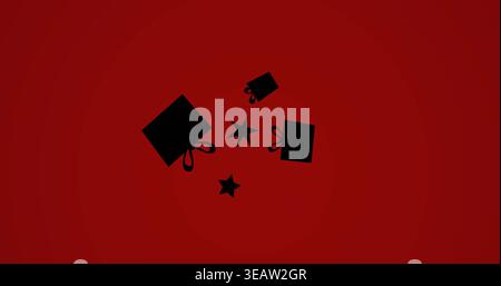 Floating cluster of three black gift boxes and two black stars on red radial-gradient backdrop Stock Photo