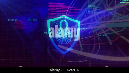 Displaying neon shield icon pulsing over virtual dashboard, showing fingerprint padlock, grid Stock Photo