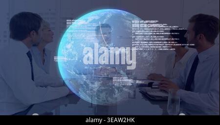 Hovering AR globe projecting code above glass table in boardroom, participants in suits with laptop Stock Photo