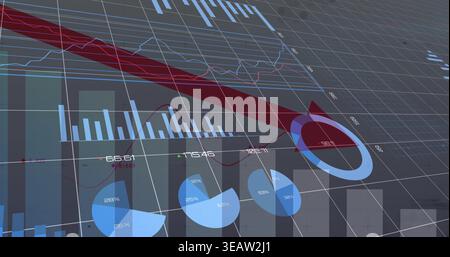Displaying large maroon diagonal arrow circling tip signaling decline on 3D grid with bar charts Stock Photo