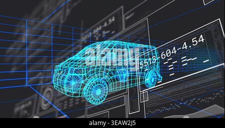 Floating neon-cyan wireframe SUV model hovering in virtual simulator, showing HUD readouts Stock Photo