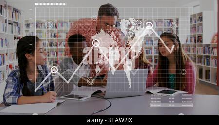 Guiding instructor in red shirt leaning over laptop in library, students viewing AR map and notes Stock Photo