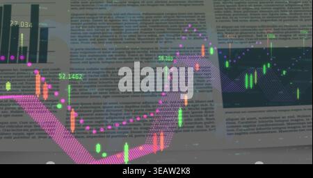 Displaying candlestick chart on blurred report, showing magenta ribbon and purple dotted trendline Stock Photo