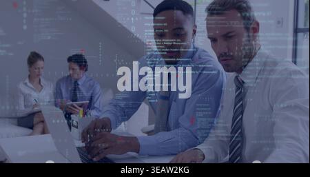 Typing pair of business professionals reviewing laptop in modern meeting room, tablet, code overlay Stock Photo
