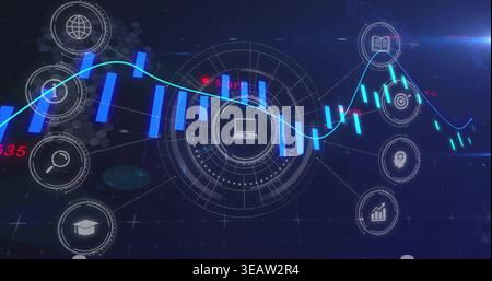 Displaying central HUD with laptop icon and cyan line chart at virtual panel, showing candlesticks Stock Photo