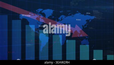 Displaying red downward arrow and tall bar chart declining on world map dashboard, numeric labels Stock Photo