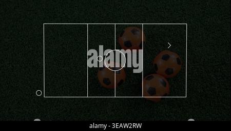 Clustering four orange-and-black soccer balls sitting on green turf with white overlay, copy space Stock Photo