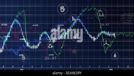 Displaying multiline graphs tracing peaks and troughs on dark dashboard showing bars icons labels Stock Photo