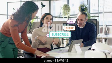 Meeting three coworkers in office clothes discussing papers at desk with tablet, social callouts Stock Photo