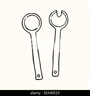 Hand drawn vector illustration of wooden salad servers featuring a large spoon and a fork. This minimalist kitchen tool set is perfect for organic Stock Vector