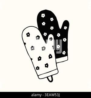 Pair of decorative oven mitts with a charming floral pattern and hanging loops. Clean black and white vector illustration suitable for bakery themes Stock Vector