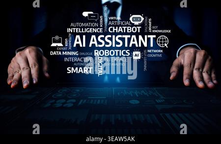 A businessman showcases the concept of AI assistants, integrating technology and data analysis, highlighting the future of robotics and intelligent Stock Photo