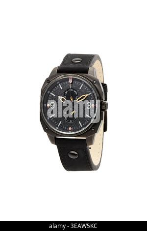 Black chronograph wristwatch with leather strap and detailed dial isolated on white background Stock Photo