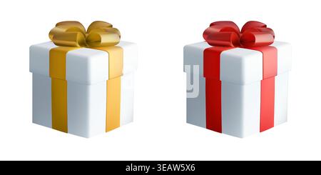 3D gift box, present icon. Cake surprise in red gold ribbon bow. Reward card, birthday prize. Cute realistic render christmas emoji, giftbox bonus Stock Vector