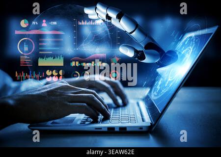 A robotic hand hovers over a laptop, engaging with dynamic data visualizations and graphs, symbolizing advancements in artificial intelligence and Stock Photo