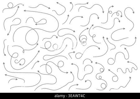Large collection of hand-drawn black dotted arrows, decorative dashed curved and loopy pointers set on white background Stock Vector