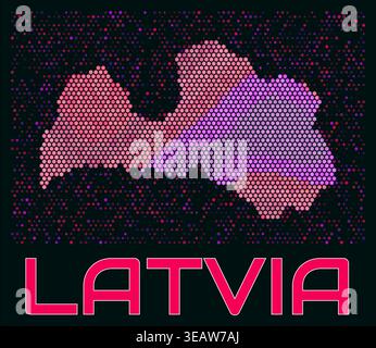 Latvia digital style hexagon map. Vibrant magenta purple pink neon dotted shape. Country tiny bright hexagon cells. Latvia honeycomb map design. Stock Vector