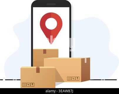 Smartphone with a location pin and cardboard boxes representing e-commerce shipping and global logistics services. Stock Illustration. Stock Vector