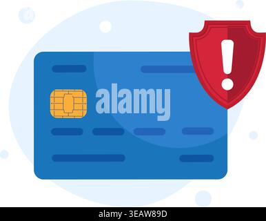 A vector illustration of a blue bank card featuring a red warning shield, representing fraud or payment security issues. Stock illustration. Stock Vector