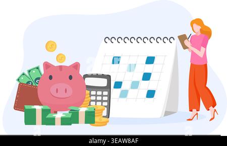 Vector illustration of a woman managing finances, savings, and monthly expenses with a piggy bank and a calendar. Stock Vector
