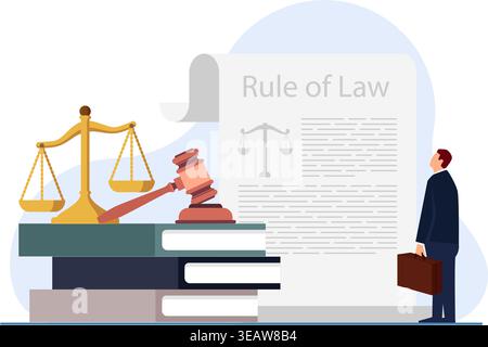 Illustration of justice concept featuring scales gavel legal books and rule of law document symbolizing fairness and legal system. Stock illustration. Stock Vector