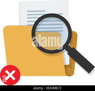 Flat design of a folder with documents and magnifying glass plus error symbol, representing failed search, missing files, or access issues. Stock illu Stock Vector