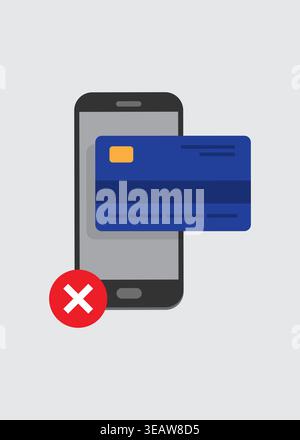 Vector icon showing a failed transaction or blocked credit card on a mobile phone screen with a red prohibition sign. Stock illustration. Stock Vector